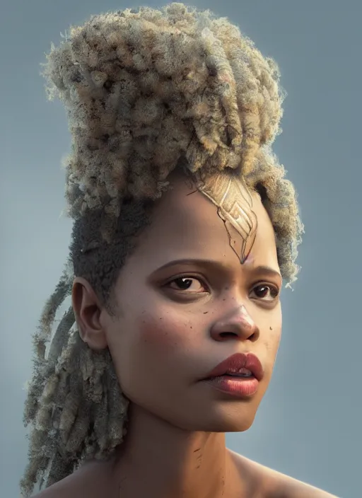 Image similar to portrait of gugu mbatha - raw as a legendary knight warrior, au naturel, hyper detailed, digital art, trending in artstation, cinematic lighting, studio quality, smooth render, unreal engine 5 rendered, octane rendered, art style by klimt and nixeu and ian sprigger and wlop and krenz cushart.