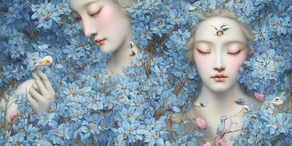 Image similar to breathtaking detailed concept art painting art deco pattern of blonde faces goddesses amalmation light - blue flowers with anxious piercing eyes and blend of flowers and birds, by hsiao - ron cheng and john james audubon, bizarre compositions, exquisite detail, extremely moody lighting, 8 k