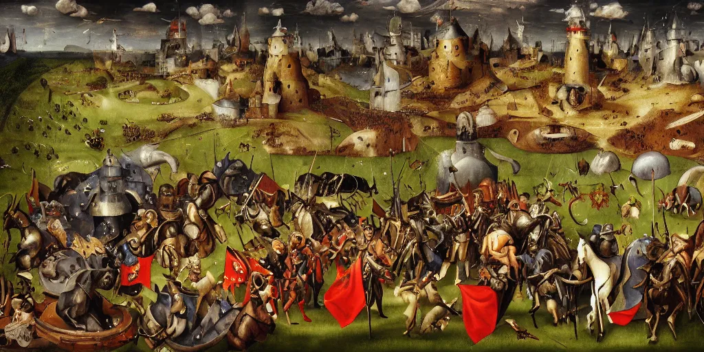 Image similar to heroes of might and magic gameplay in style of hieronymus bosch paintings, painting, gameplay, high detailed, dark fantasy, dark tones, buildings, armored units, red flags, cavalry, rpg, high detailed, contrast, octane render, mill, farm, creative