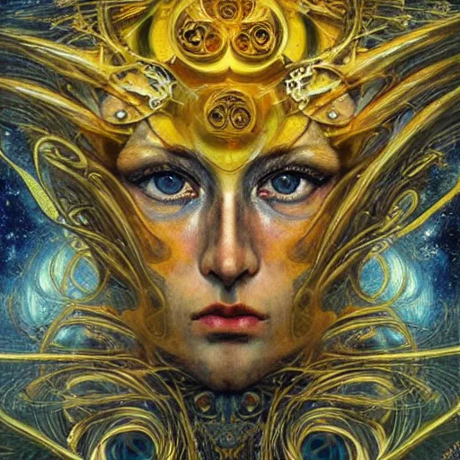 Image similar to Divine Chaos Engine by Karol Bak, Jean Deville, Gustav Klimt, and Vincent Van Gogh, beautiful visionary face portrait, sacred geometry, mystic eyes, otherworldly, fractal structures, ornate gilded medieval icon, third eye, spirals