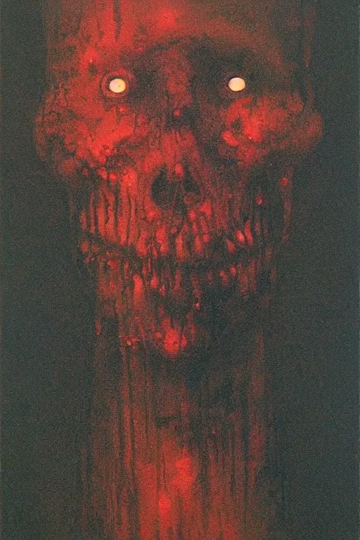 Image similar to portrait of sad man whose half face is black skull, red ash floating, dust particles, dark atmosphere, lovecraftian, event horizon, painting by beksinski