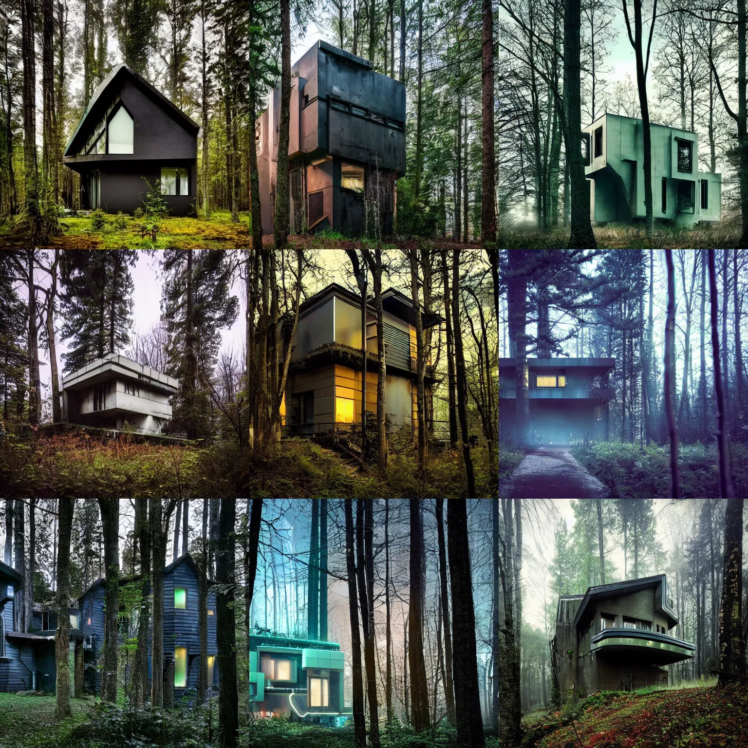 Prompt: photo of a cyberpunk house in the woods