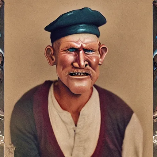 Prompt: detailed photo portrait of popeye the sailor man in real life