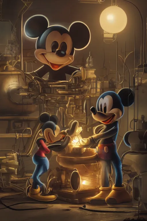 Prompt: workers / mechanic working on mickey mouse giant head, low cinematic lighting, front lit, beeple, cgsociety, unreal engine, octane render, trending on art station, highly detailed 4 k art, intricate, hyperr realistic