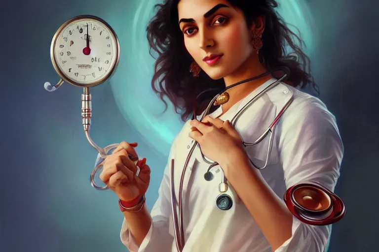 Image similar to sensual pale beautiful indian doctor in jeans with stethoscope, art deco portrait, elegant, intricate, digital painting, artstation, concept art, smooth, sharp focus, illustration, art by artgerm and greg rutkowski and alphonse mucha