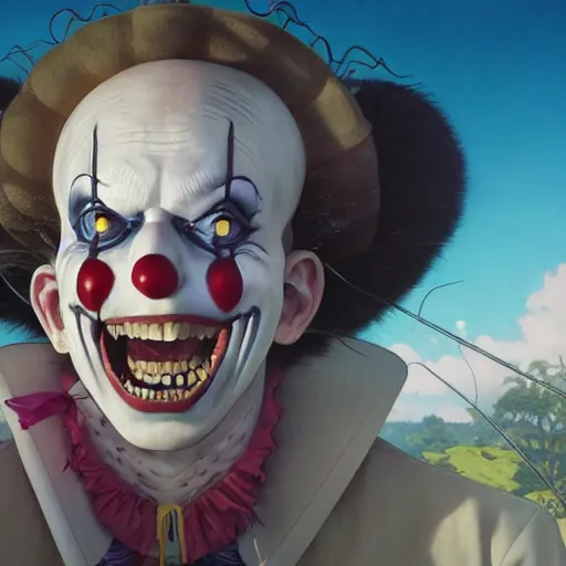 Image similar to highly detailed vfx portrait of buggy the clown by eiichiro oda, makoto shinkai, alphonse mucha, sharp focus, art by artgerm and greg rutkowski!, backlit, harsh overhead sunlight, blue eyes, stanley kybric, makoto yukimura, takeshi obata, kaoru mori, pixiv, fanbox,