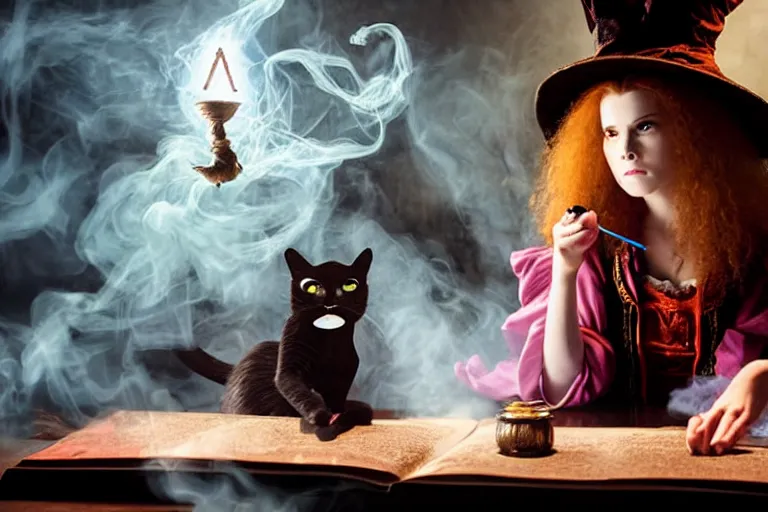 Image similar to close up portrait, dramatic lighting, teen alice witch calmly points a magic wand casting a spell over a large open book on a table with,, cat on the table in front of her, sage smoke, a witch hat cloak, apothecary shelves in the background, still from alice in wonderland