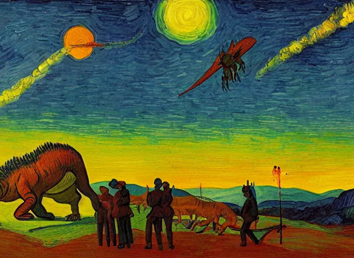 Image similar to painting of the extinction of the dinosaurs with asteroid and fire, in the style of edward hopper and vincent van gogh, dramatic lighting at dusk