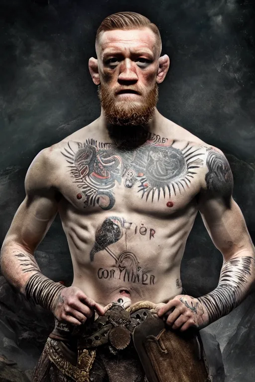 Image similar to connor mcgregor as balder from god of war, 8 k, hdr, great light, gustave courbet, annie leibowitz