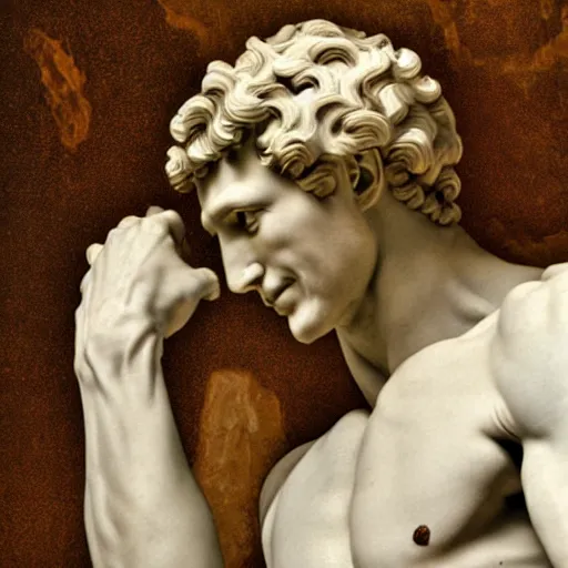 Image similar to high quality high detail painting michelangelo, david after killing giant goliath, motion blur, broad light, ambient occlusion