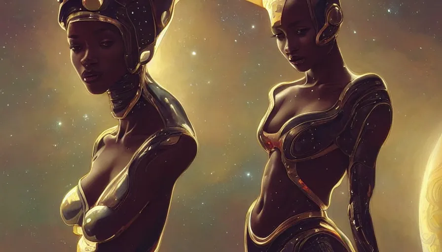 Prompt: concept art of very very very very very very beautiful african woman, futuristic spacesuit, floating in space with epic cosmos in the background, real life skin, intricate, elegant, highly detailed, artstation, concept art, smooth, sharp focus, art by artgerm and greg rutkowski and alphonse mucha
