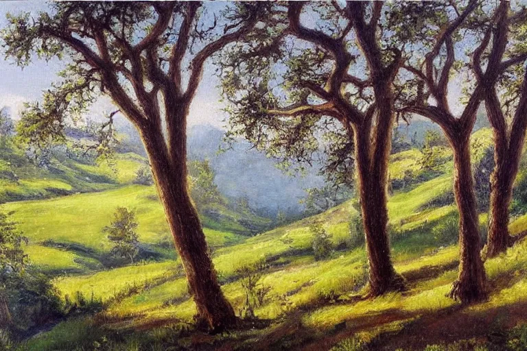 Prompt: masterpiece painting of oak trees on a hillside overlooking a creek, by alexey steele