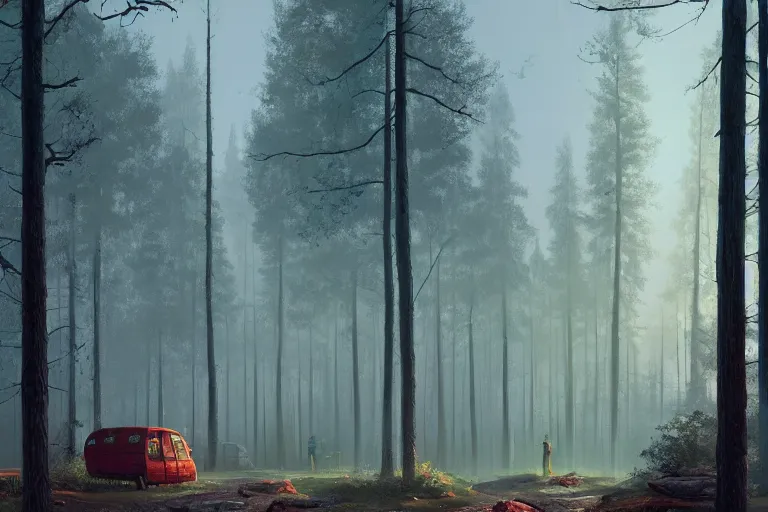 Prompt: beautiful swedish forest view, cinematic composition, highly detailed, intricate, soft lighting, very wide shot, trending on artstation, 50mm, digital painting by Simon Stålenhag