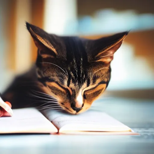 Prompt: a photo of a stressed out cat studying for an exam