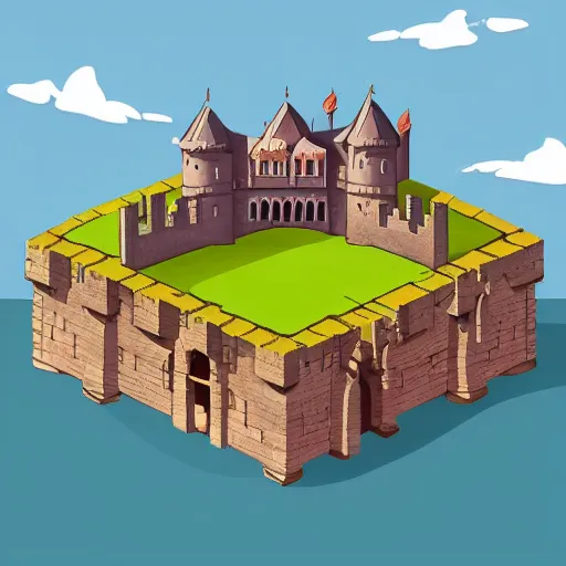 Image similar to an ancient castle in the middle of nowhere,historical,realistic,moat,isometric,sky view