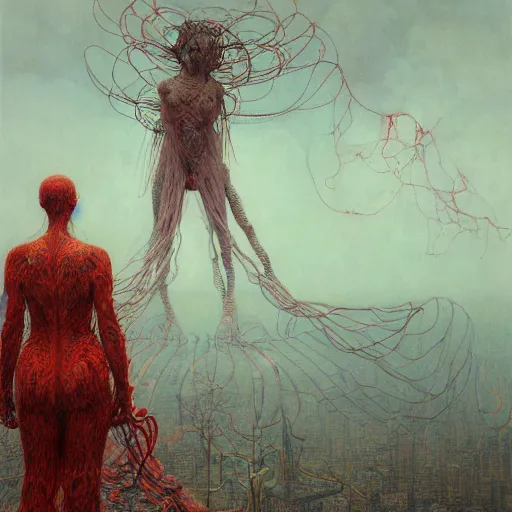 Image similar to A woman wearing clothes made out of thunder clouds and flowers, giant monsters walking in the background, red skin, Masterpiece, glowing, wires everywhere, by Edgar Maxence and Ross Tran, Zdzisław Beksiński, and Michael Whelan, distant, gustav dore, H.R. Giger, 8k, octane render