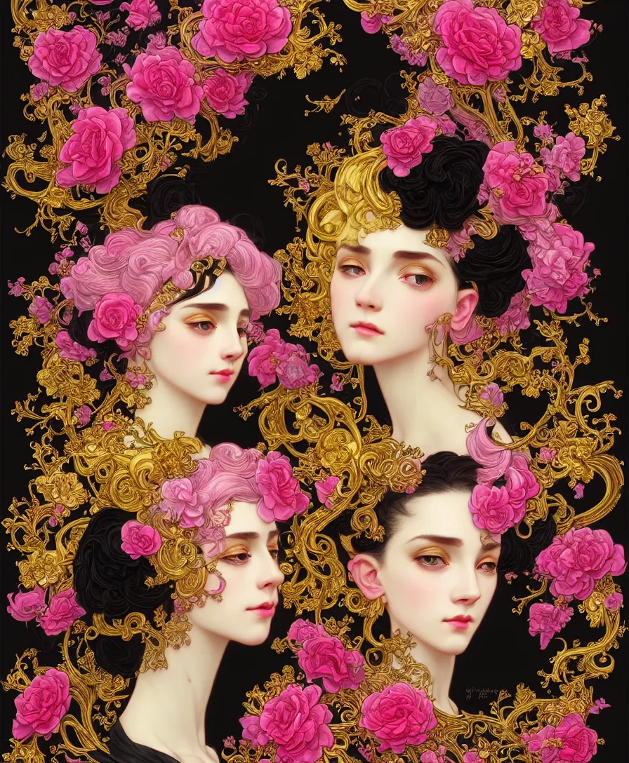 Image similar to beautiful black pink yellow, complicated gold and pink flowers in baroque style headwears, dark fantasy, intricate, elegant, highly detailed, digital painting, artstation, concept art, matte, 3 d 8 k octane rendered, sharp focus, illustration, octane rendered, art by artgerm and alphonse mucha, leesha hannigan