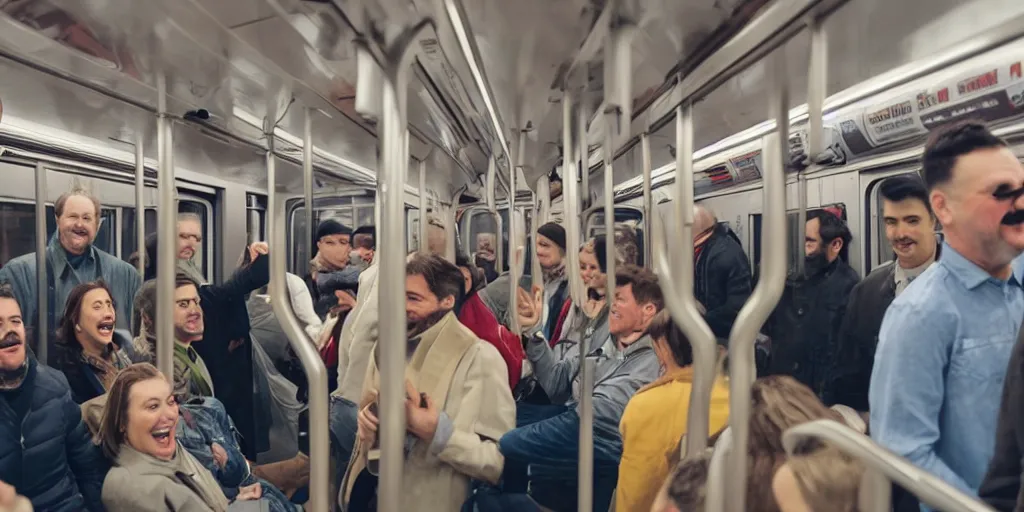 Prompt: a large stream of people in a subway car, there is a middle-aged man with a Hussar moustache, two people are standing to his right and laughing loudly. modern 4k 8k photorealistic highly detailed