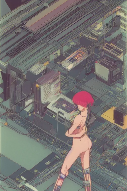 Image similar to an awe inspiring 1980s japanese cyberpunk anime style illustration of an android girl seated on the floor in a tech labor, seen from the side with her back open showing cables and wires coming out, by masamune shirow and katsuhiro otomo, studio ghibli color scheme, dark, complex