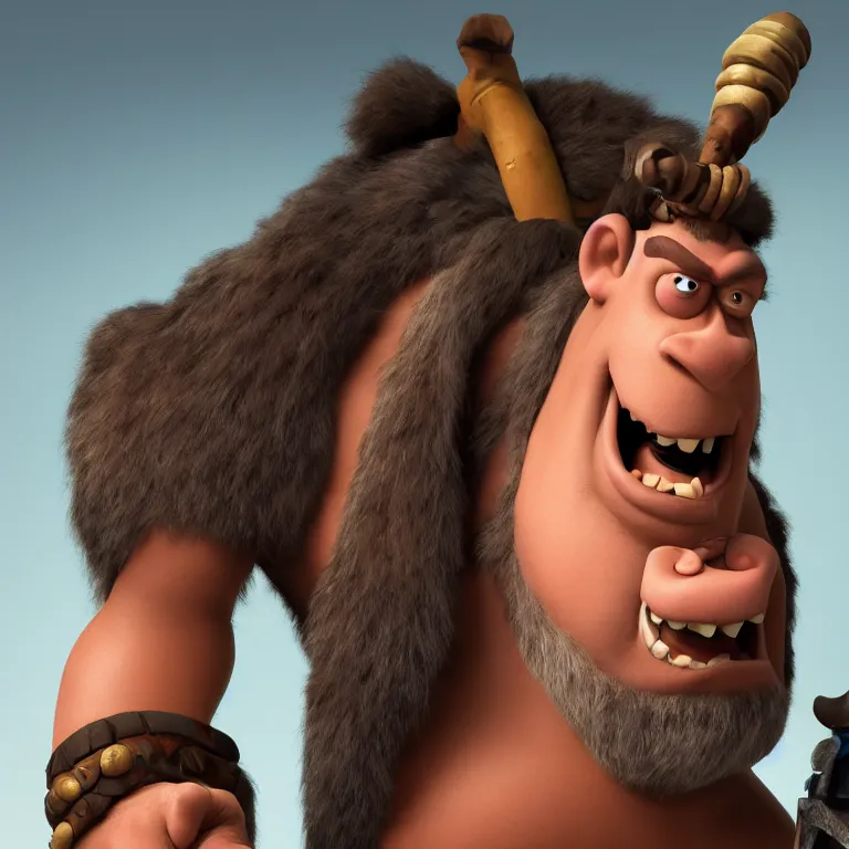 Image similar to studio portrait of a barbarian, pixar, head looking straight on