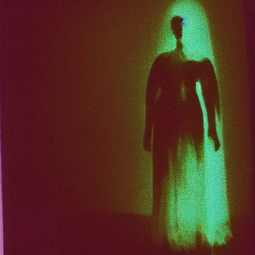 Image similar to coloured atmospheric polaroid 1 9 9 8 photo of a realistic wraith translucent transparent figure in a interior of living room low light