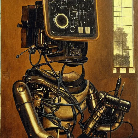 Image similar to robot artist painting a self - portrait on a canvas. intricate, highly detailed, photorealistic, film still, by hans thoma.