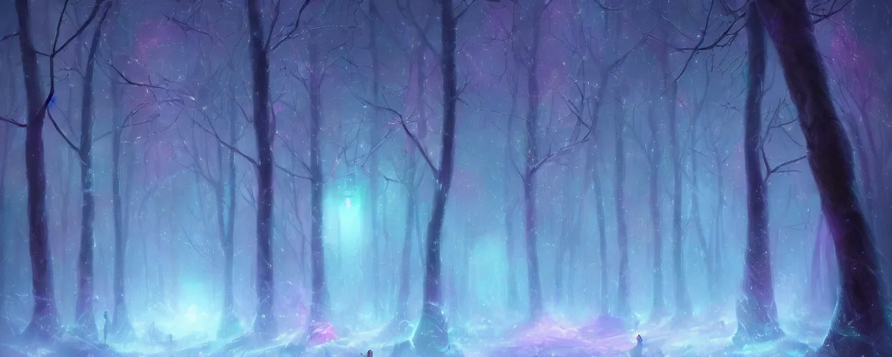 Prompt: beautiful picture of a magical lights glowing different colours everywhere in the centre of blizzard in an enchanted beautiful forest, fantasy art, trending on artstation, cgsociety, nice composition, Disney style, great fantasy mood