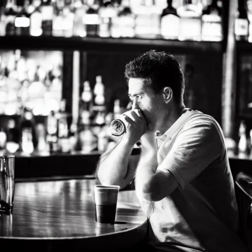 Image similar to A man sitting in a bar staring off into his drink while he ponders about life, 50mm Sigma lens