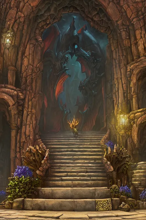 Prompt: matte glossy painting of stone steps fantasy leading do a gothic dragon statue portal, artstation by emilia dziubak, will terry, greg olsen, chris mars, ann long, and mark brooks, gret ritkowski dramatic, architecture, colorful warcraft architecture