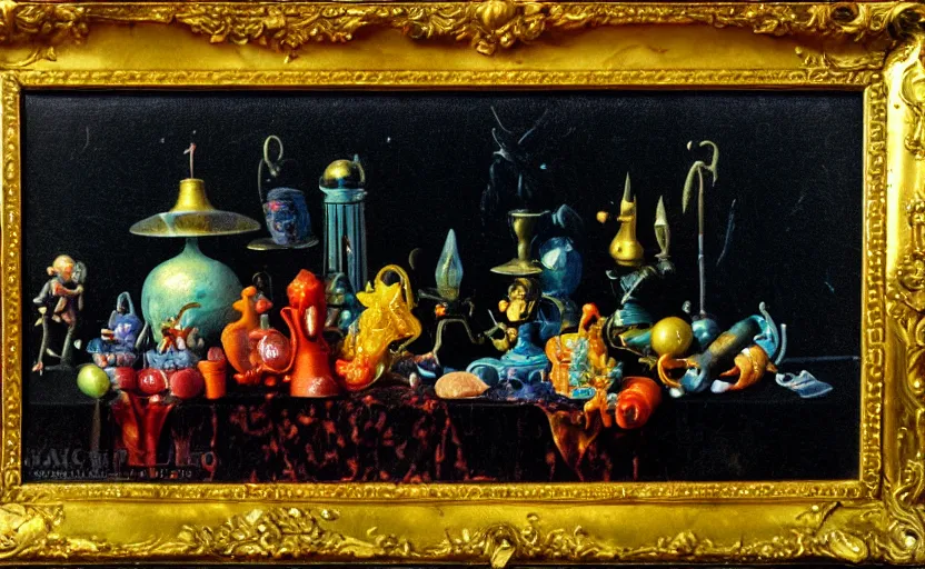 Image similar to disturbing colorful oil painting dark background dutch golden age vanitas still life vintage toys beautiful composition with bizarre objects strange surfaces shiny metal reflections bizarre lights rachel ruysch dali todd schorr very detailed perfect composition rule of thirds masterpiece canon 5 0 mm, cinematic lighting, photography, retro, film, kodachrome