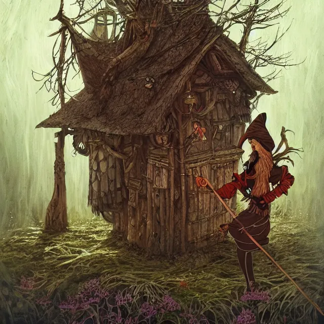 Image similar to баба яга, baba yaga, slavic folk fairytale, story, fable, dramatic, fantasy art, an ultrafine detailed painting, colorized, elegant, sharp focus, artstation, by pavel korin, viktor vasnetsov