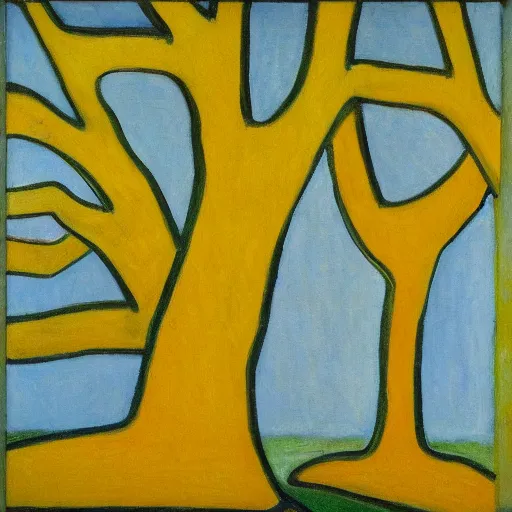 Image similar to a painting of trees with a yellow background, an art deco painting by mondrian, featured on pixiv, synthetism, fauvism, creative commons attribution, academic art