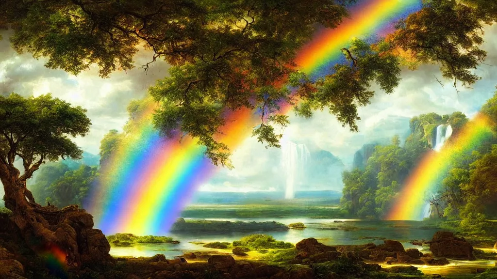 Image similar to the most beautiful panoramic landscape, oil painting, a waterfall creates a rainbow, huge and ancient trees, cinematic lighting, highly detailed, very realistic