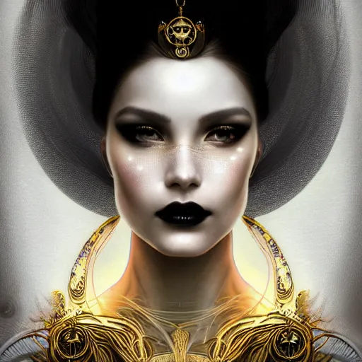 Image similar to extremely psychedelic beautiful cyborg queen of lsd infected by night. intricate, elegant, highly detailed, extremely lifelike photorealistic digital painting, artstation. steichen, gaston bussiere, tom bagshaw, cyberpunk alphonse mucha. elegant minimalism. anatomically correct. sultry rage. sharp focus. gold and black, white accents. lifelike