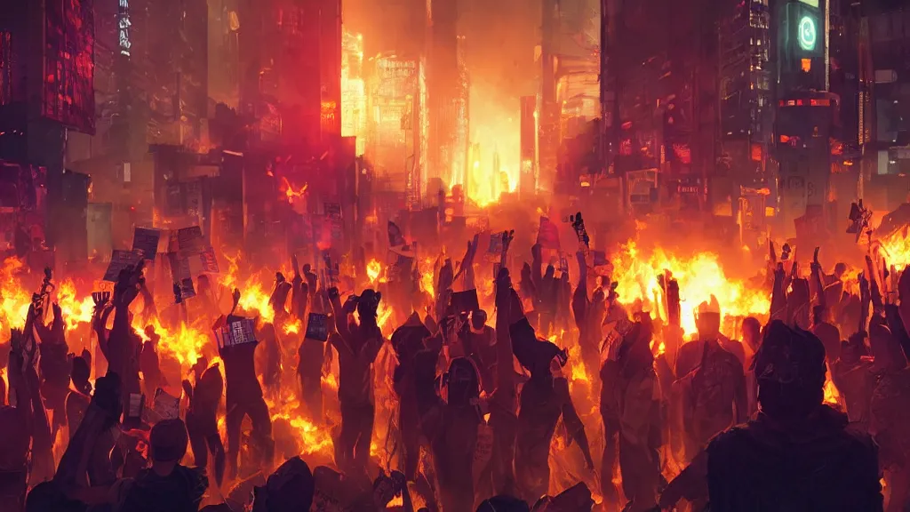 Image similar to angry protesters holding placards, digital illustration by greg rutkowski, fire, android netrunner, nighttime, cyberpunk city backgrounds, colored lighting