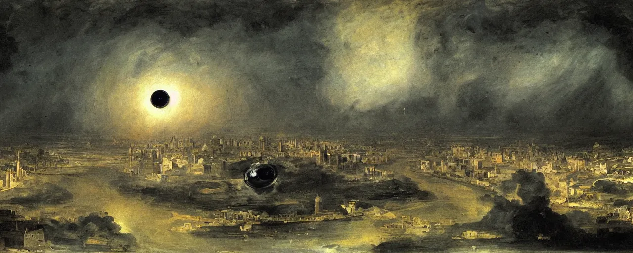 Image similar to A painting of the city of the future with an all-seeing human eye in the sky by Francisco Goya, highly detailed, Romanticism