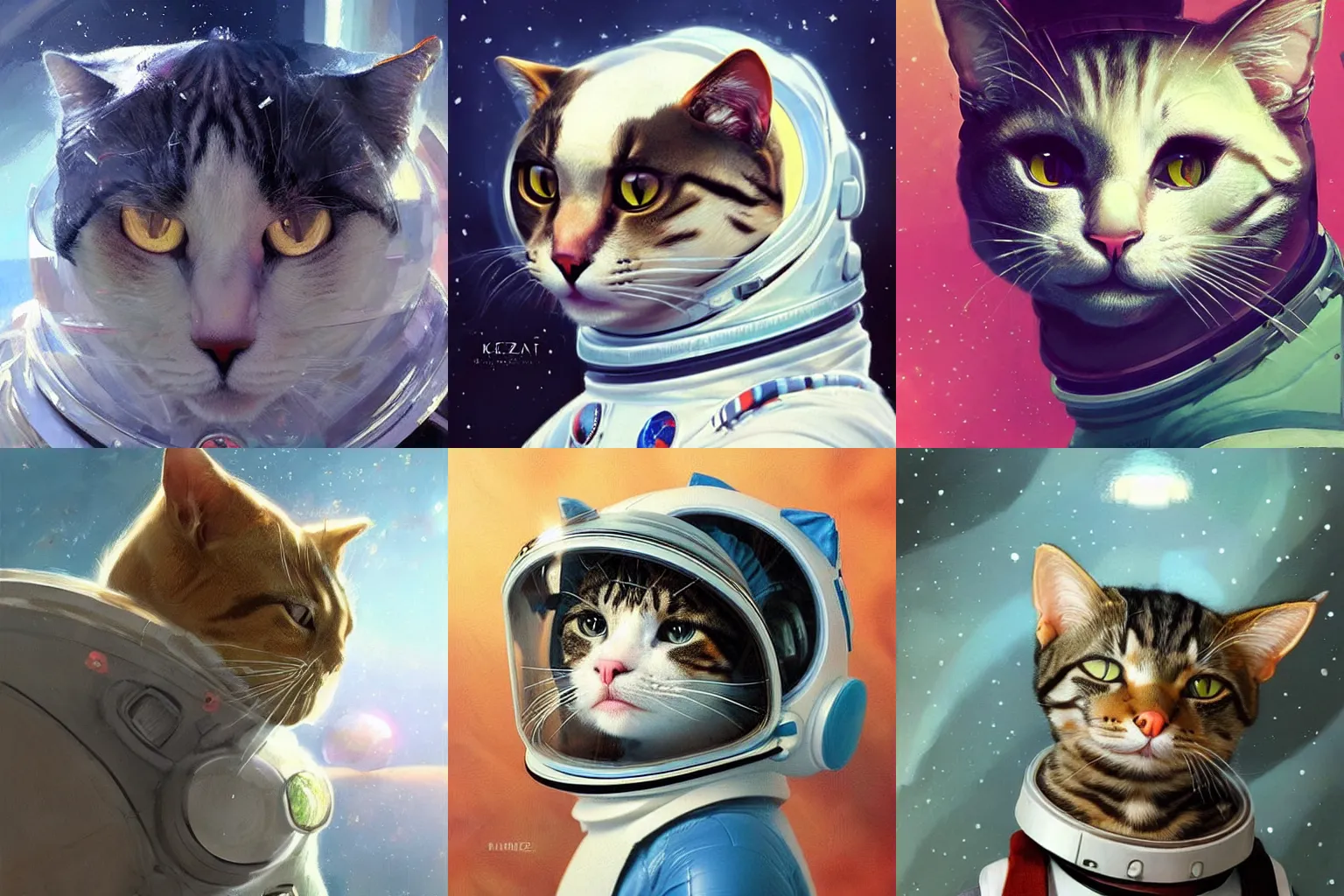 Image similar to head and shoulders masterpiece portrait of a cat wearing a spacesuit, surreal background, digital art by Krenz Cushart, trending on artstation, cgsociety,