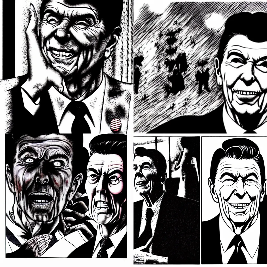 Prompt: ronald reagan in a junji ito manga, horror, scary, black and white