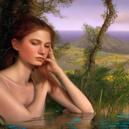 Image similar to A beautiful portrait of a woman with iridescent skin in a scenic environment by James C. Christensen