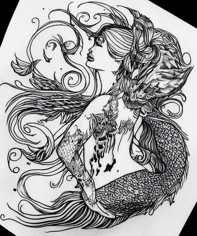 Image similar to tattoo design illustration, black ink on white paper, beautiful mermaid, full body