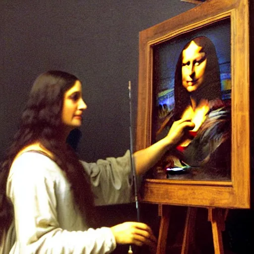Image similar to Mona Lisa painting a portrait of Leonardo da Vinci in a workshop