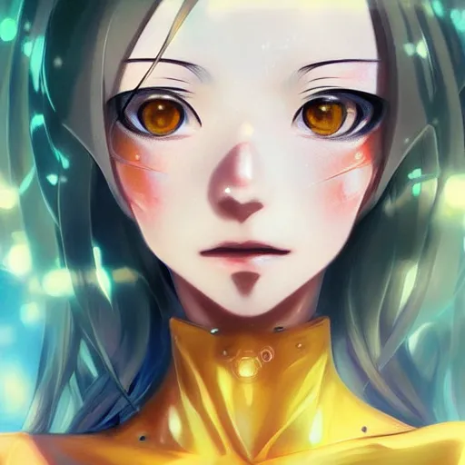 Image similar to A realistic anime painting of a beautiful android woman with glowing yellow gold eyes. digital painting by Sakimichan, Makoto Shinkai, Rossdraws, Pixivs, Junji Ito, WLOP, digital painting. trending on Pixiv. SFW version —H 1024