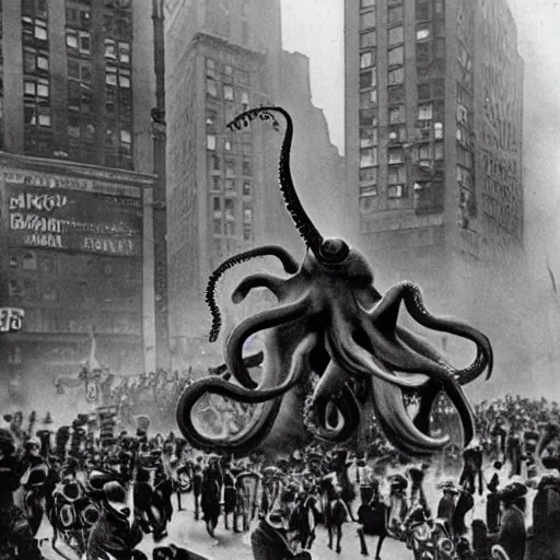 Prompt: old black and white photo, 1 9 1 3, depicting a giant alien dieselpunk octopus rampaging through the bustling streets of new york city, historical record