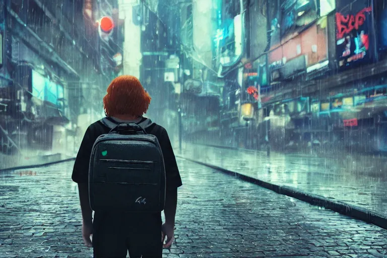 Prompt: a ginger tabby cat wearing a black backpack in the rainy streets of a cyberpunk dystopia, sad, hopeful, vibrant, very detailed, award winning, artstation, 8k