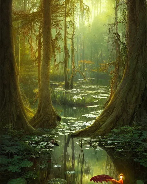 Image similar to a huge magical pond surrounded by a dense forest of crooked trees, roots reaching out to the water, fireflies, deep focus, d & d, fantasy, intricate, elegant, highly detailed, digital painting, artstation, concept art, matte, sharp focus, illustration, hearthstone, art by greg rutkowski and alphonse mucha and andreas rocha