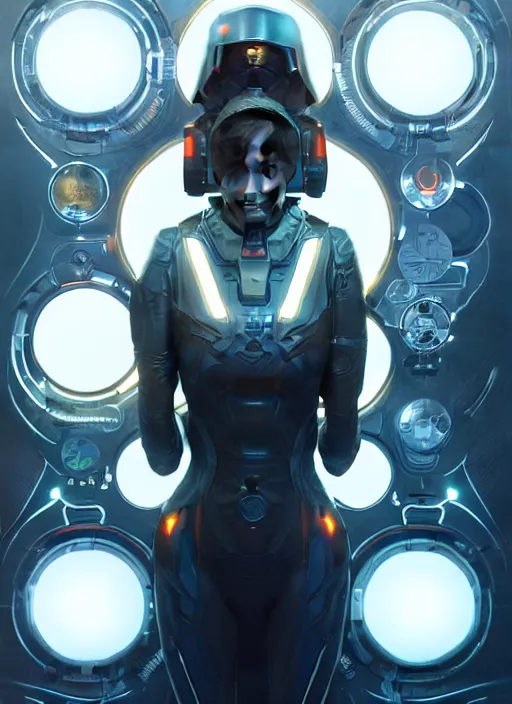 Image similar to symmetry!! portrait of space soldier, tech wear, scifi, glowing lights!! intricate elegant, highly detailed, oil painting, artstation, concept art, smooth, sharp focus, illustration, art by artgerm and greg rutkowski and alphonse mucha