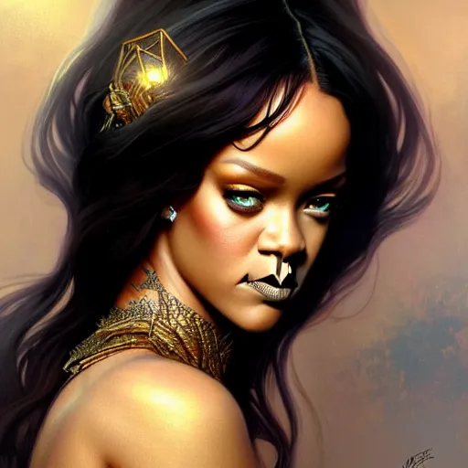 Image similar to Rihanna as a fantasy magic woman portrait, sci-fi, amber eyes, face, long hair, fantasy, intricate, elegant, highly detailed, digital painting, artstation, concept art, smooth, sharp focus, illustration, art by artgerm and greg rutkowski and alphonse mucha