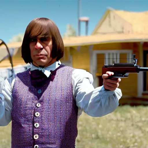 Prompt: anton chigurh holding his shotgun as willy wonka, cinematic still, movie still, hyper detailed, 8 k, 9 0 0 0 k, bokeh