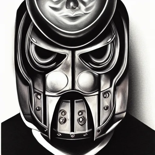 Image similar to beautiful lifelike painting of mf doom forgets his pot holders, hyperreal detailed facial features and uv lighting, art by ed roth and basil wolverton