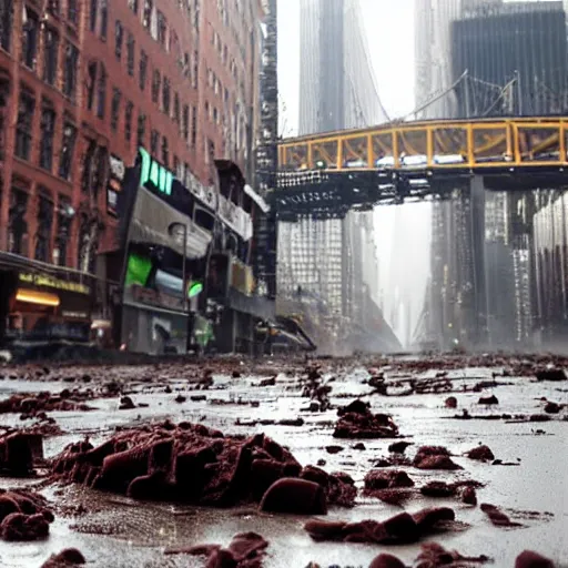 Image similar to tsunami of liquid chocolate on new york, post apocalyptic, cinematic, end of the world